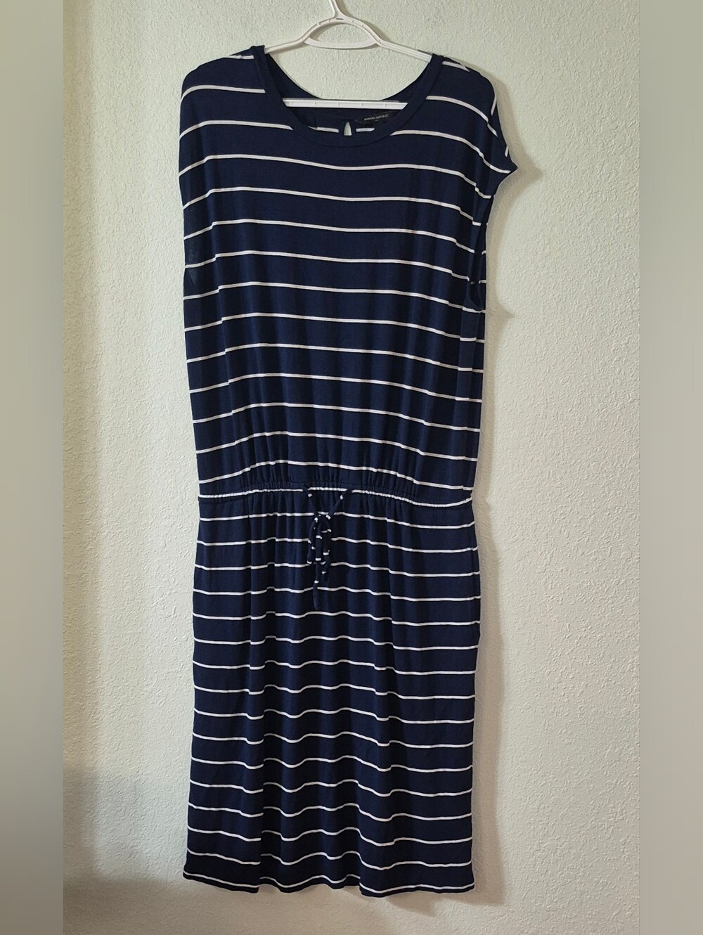 Banana Republic Navy and White Striped Drawstring Midi Dress